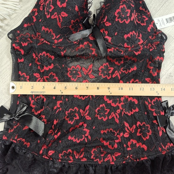 Nwts! Rene Rofe Women's Large Metalic Red & Black Lace Floral Lingerie With Bows - Picture 10 of 16